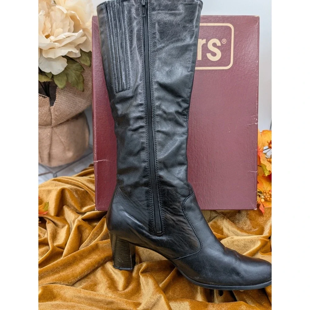 Old Maine Trotter Lancer Black Leather Knee High Boots 10 S Slim 90s Box VTG